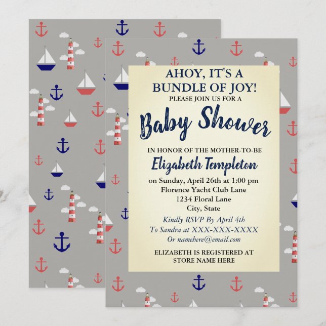 Einladung der Ahoy Niedlich Nautical Baby Shower (Vorne/Hinten)