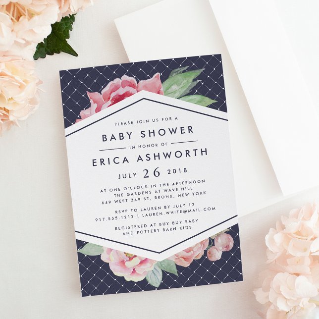 Einladung der antiken Peony Baby Dusche | Marine (Von Creator hochgeladen)