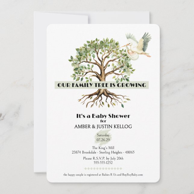 Einladung der Baby-Dusche "Family Tree Stork" (Vorderseite)