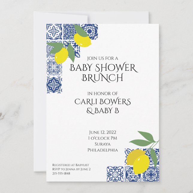 Einladung der Baby Dusche Mediterran und Lemons (Vorderseite)