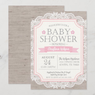 Einladung der Babydusche Burlap Pink & Lace