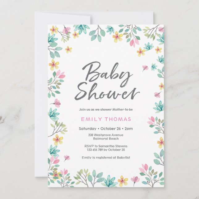 Einladung der Babydusche | Rosa Aquarellblumen (Vorderseite)