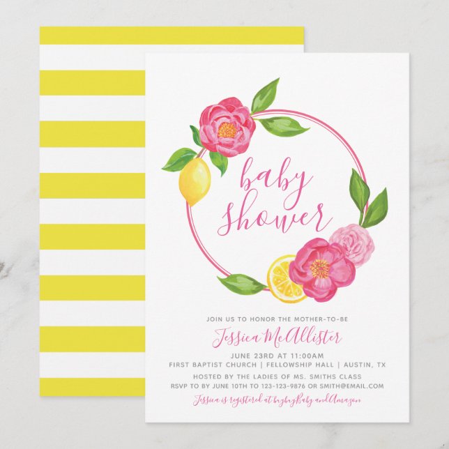 Einladung der Babydusche | Streifen Gelbe Lemon-Ro (Vorne/Hinten)