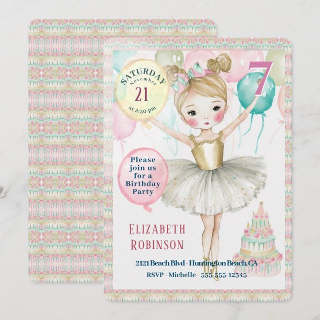 Einladung der Ballerina Birthday Party (Vorne/Hinten)