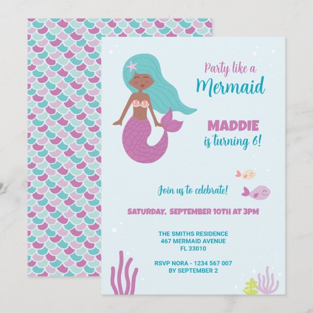 Einladung der Black Mermaid Birthday Party (Vorne/Hinten)