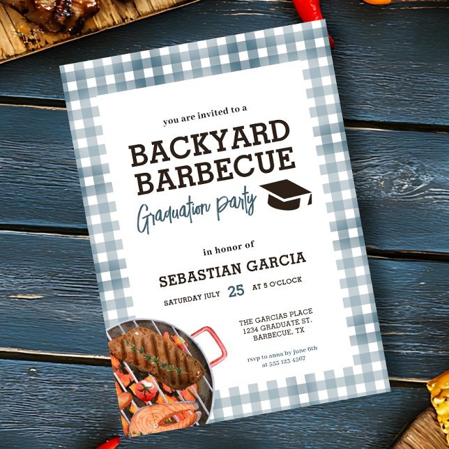 Einladung der Blue Backyard GRILLEN Graduation Par (- Invite shown in 5 x 7 inches, choose size, paper and corner style. Buy print or digital invitation)