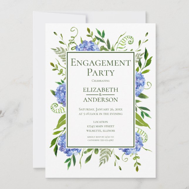 Einladung der "Blue Hydrangeas Engagement Party" (Vorderseite)