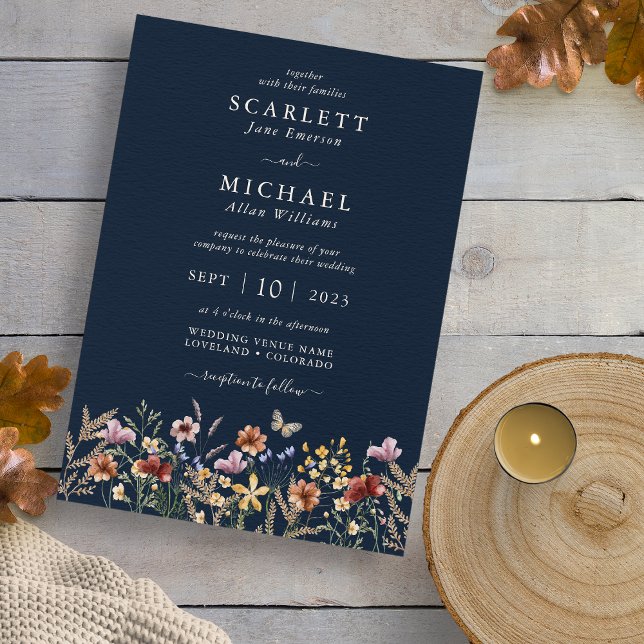 Einladung der Boho Navy zur Hochzeit von Flora (Wildflower Boho Navy Floral Wedding Invitation with Butterfly by Painted Paperie
)