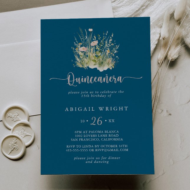 Einladung der Boho Wildblume Navy Quinceañera (Von Creator hochgeladen)
