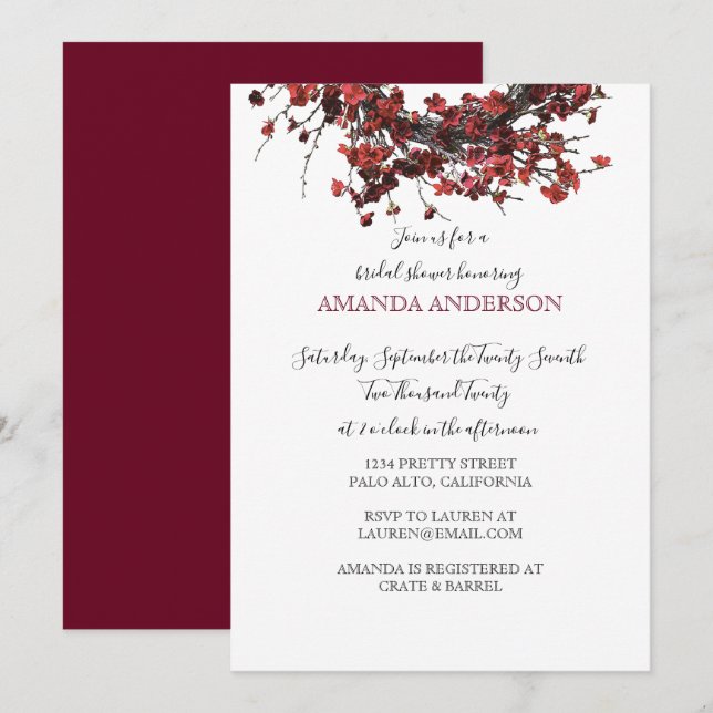 Einladung der Brautdusche Burgund Red Floral (Vorne/Hinten)