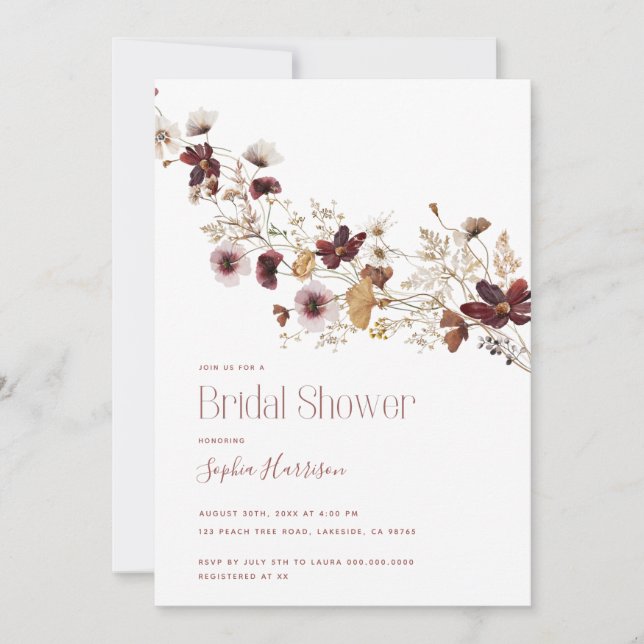 Einladung der Burgund Wildblume Bridal Dusche (Vorderseite)