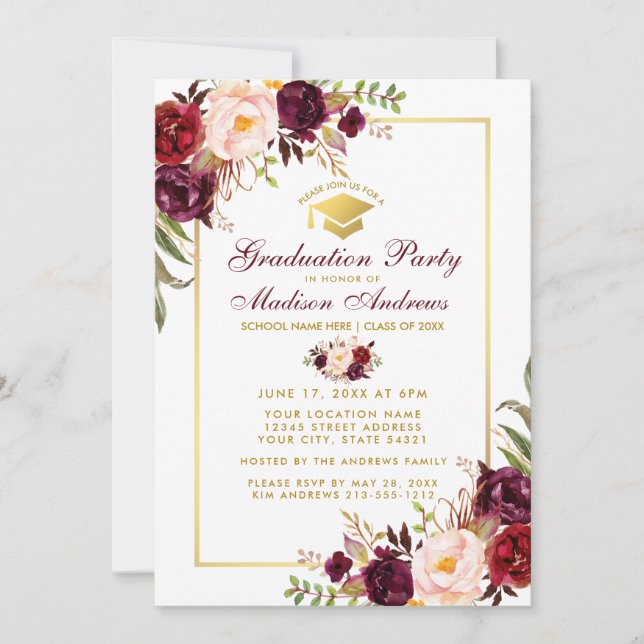 Einladung der Burgunder Floral Gold Graduation Par (Vorderseite)