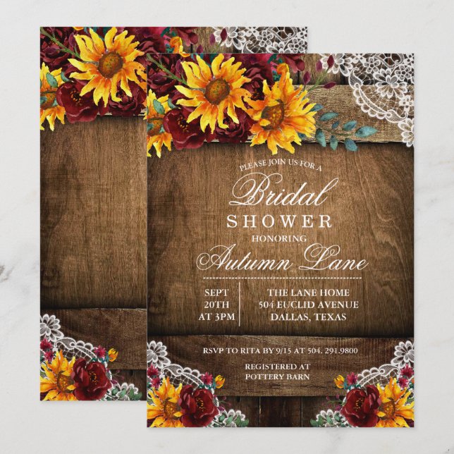 Einladung der Burgunder Sonnenblume Bridal Dusche (Vorne/Hinten)