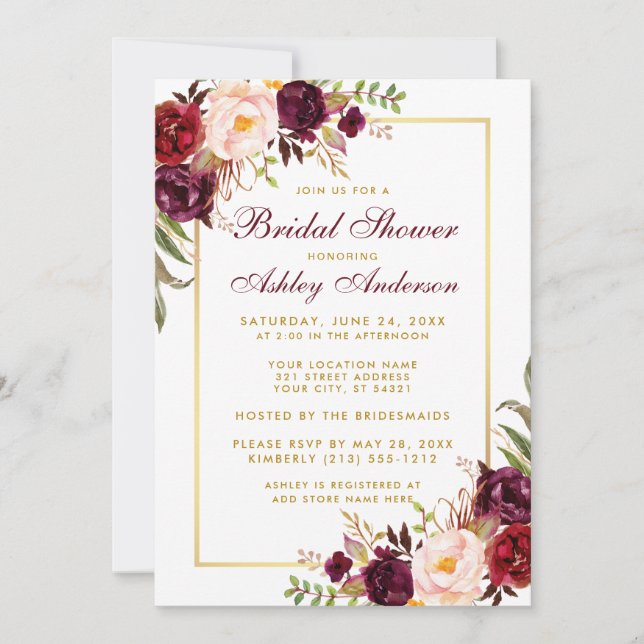 Einladung der Burgundy Floral Gold Bridal Dusche (Vorderseite)