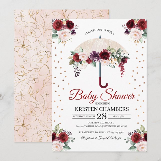 Einladung der Burgundy Floral Umbrella Baby Dusche (Vorne/Hinten)
