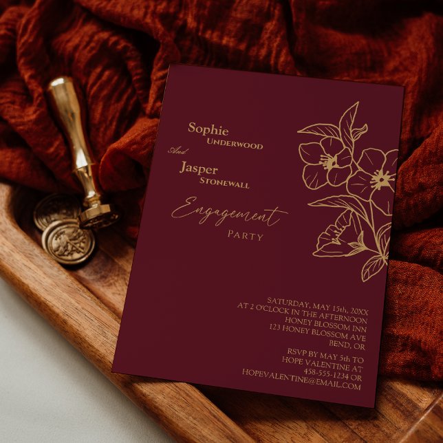 Einladung der burgundy Gold Floral Engagement Part (Von Creator hochgeladen)