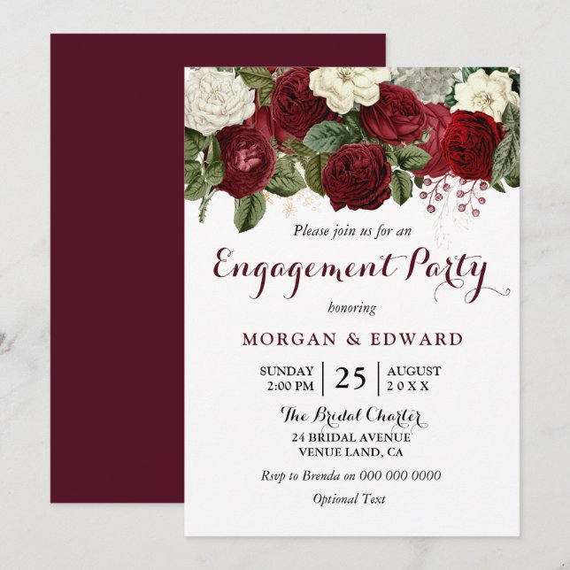 Einladung der burgundy Red White Floral Engagement (Vorne/Hinten)