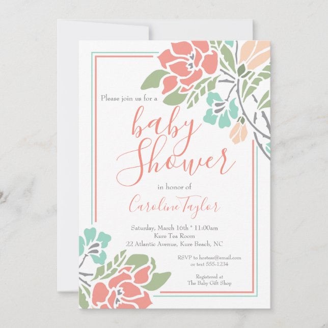 Einladung der Coral and Aquamarin Floral Baby Dusc (Vorderseite)