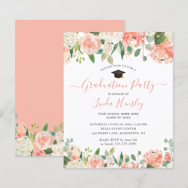 Einladung der Coral Floral Graduation Party (Vorne/Hinten)