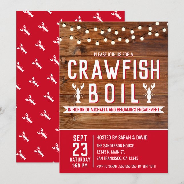 Einladung der Crawfish Boil Red Engagement Party (Vorne/Hinten)