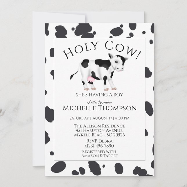 Einladung der Dusche "Holy Cow Print Boy" (Vorderseite)