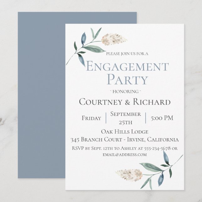 Einladung der Dusty Blue Botanical Engagement Part (Vorne/Hinten)