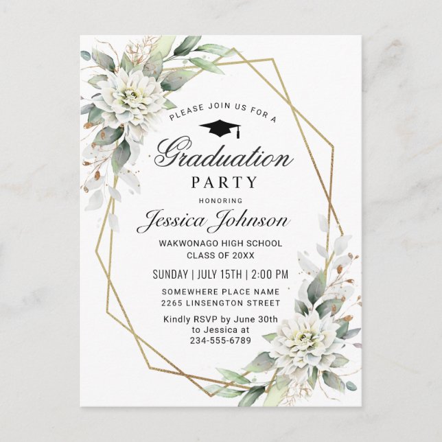 Einladung der Dusty Blue Floral Graduation Party Postkarte (Vorderseite)