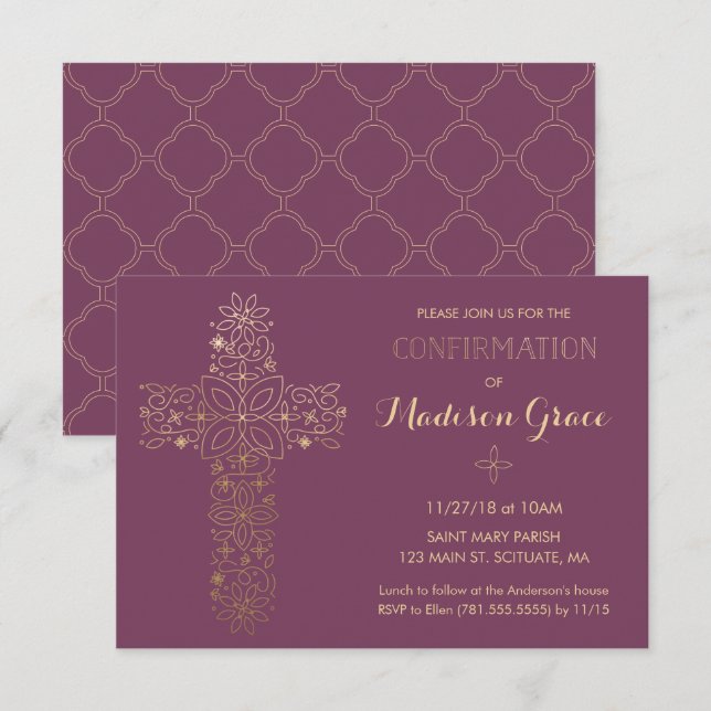 Einladung der Girl's Confirmation mit Gold Cross (Vorne/Hinten)