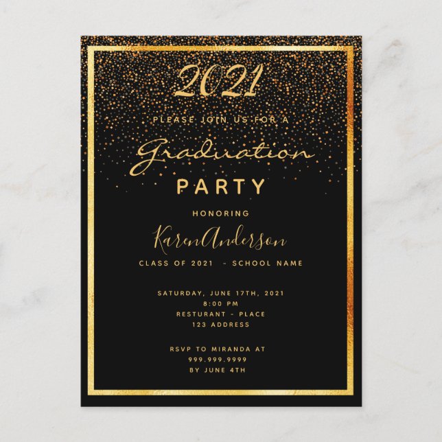 Einladung der Graduierungspartei zu schwarzem Gold Postkarte (Vorderseite)