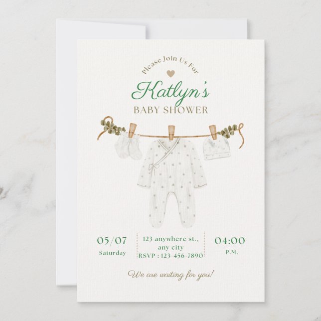 Einladung der hellgrünen Baby-Dusche in Beige (Vorderseite)