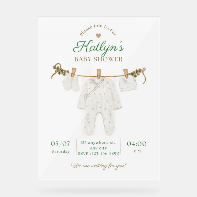 Einladung der hellgrünen Baby-Dusche in Beige Acrylschild (Vorderseite)