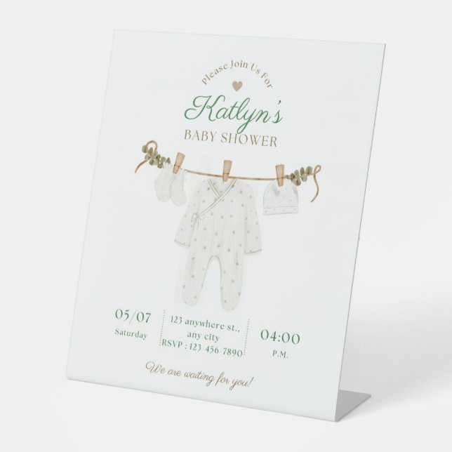 Einladung der hellgrünen Baby-Dusche in Beige Sockelschild (Vorderseite)