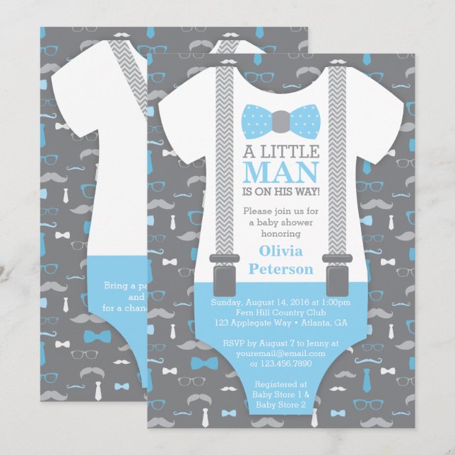 Einladung der kleinen Babydusche, Baby Blue, Grau (Vorne/Hinten)