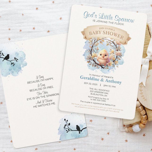 Einladung der kleinen Sparrow-Kinderdusche Gottes (Adorable gender neutral sparrow design faith-filled invitation with watercolor blue accents.)
