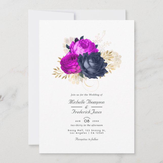 Einladung der Magenta Navy und Gold Floral Wedding (Vorderseite)