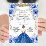 Einladung der Marine Blue Quinceanera<br><div class="desc">Blauer Navy Blumen Gold Quinceanera Einladung Mis Quince Anos,  15. Geburtstag,  Marine Quinceanera Einladung,  Blauen Blumen,  Crown Mis Quince Anos</div>