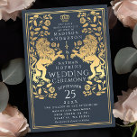 Einladung der Marine Royal Lion Medieval Gold Wedd<br><div class="desc">Feiern Sie Ihren besonderen Tag mit diesem Royal Lion Medieval Gold Sword Wedding Design. Das Gold in diesem Design ist keine echte Folie. Sie können dies durch einen Klick auf "PERSONALISIEREN" weiter anpassen.</div>