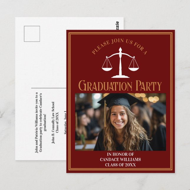 Einladung der Maroon Gold Law School Graduation Pa Postkarte (Vorne/Hinten)