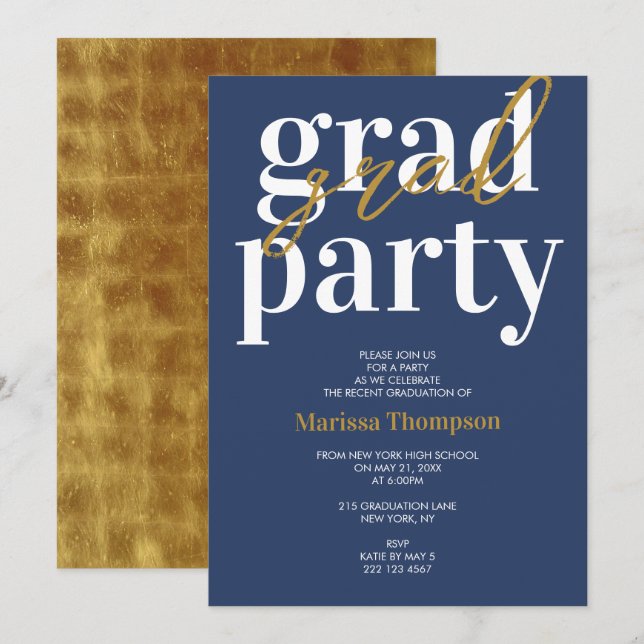 Einladung der modernen Navy Blue Gold Graduation P (Vorne/Hinten)