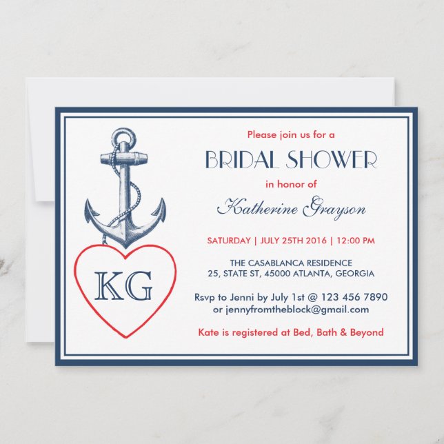 Einladung der Navy Blue Anchor and Liebe Bridal Du (Vorderseite)