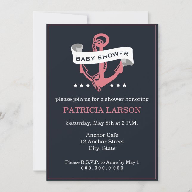 Einladung der Navy Coral Anchor Baby Shower (Vorderseite)