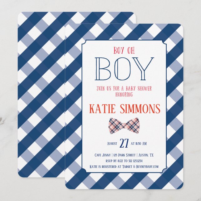 Einladung der Navy Red Kariert Bow Krawatte Baby B (Vorne/Hinten)