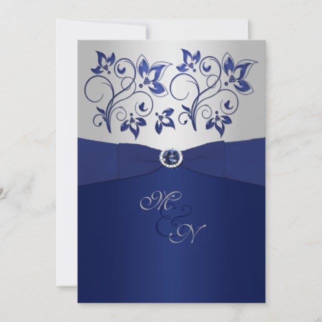 Einladung der Navy und Silver Floral Monogram (Vorderseite)