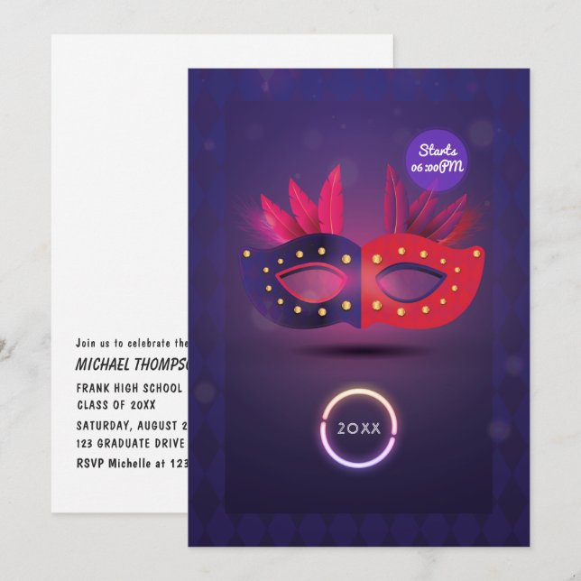 Einladung der Neo Masquerade Mask Graduation Party (Vorne/Hinten)