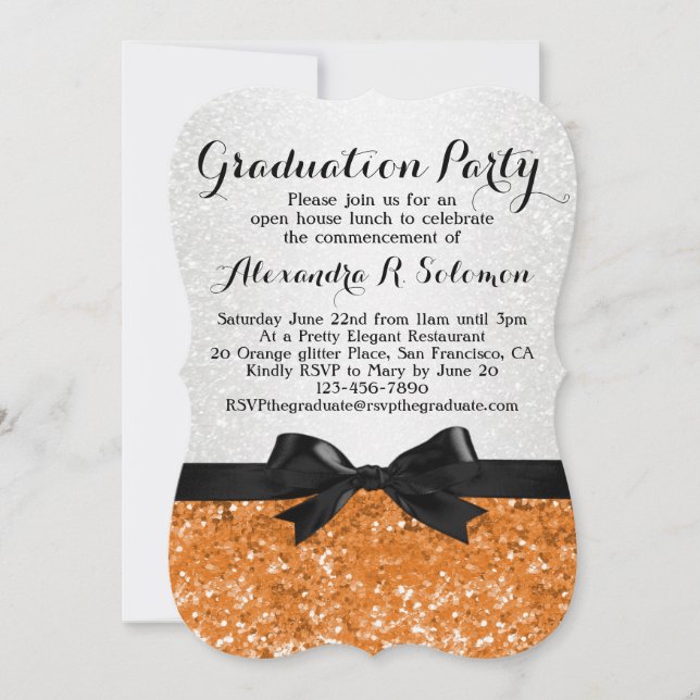 Einladung der Orange Glittery Bow Graduation Party (Vorderseite)