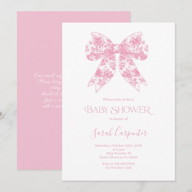 Einladung der Pink Bow Toile Baby Shower Girl (Vorne/Hinten)