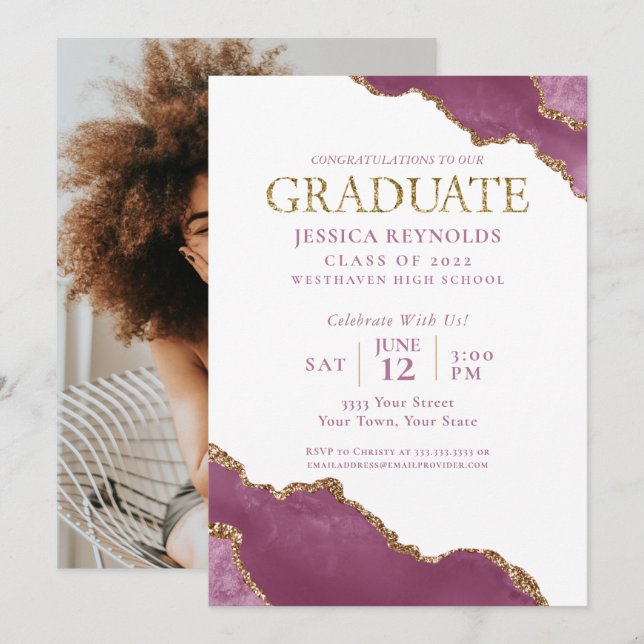 Einladung der Pink Gold Agate Foto Graduation Part (Vorne/Hinten)