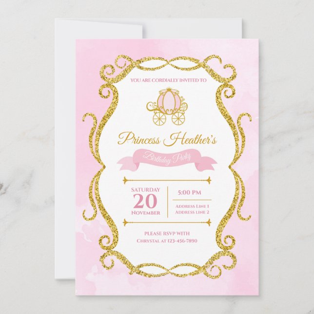 Einladung der Prinzessin Rosa und Gold Glitzer (Vorderseite)