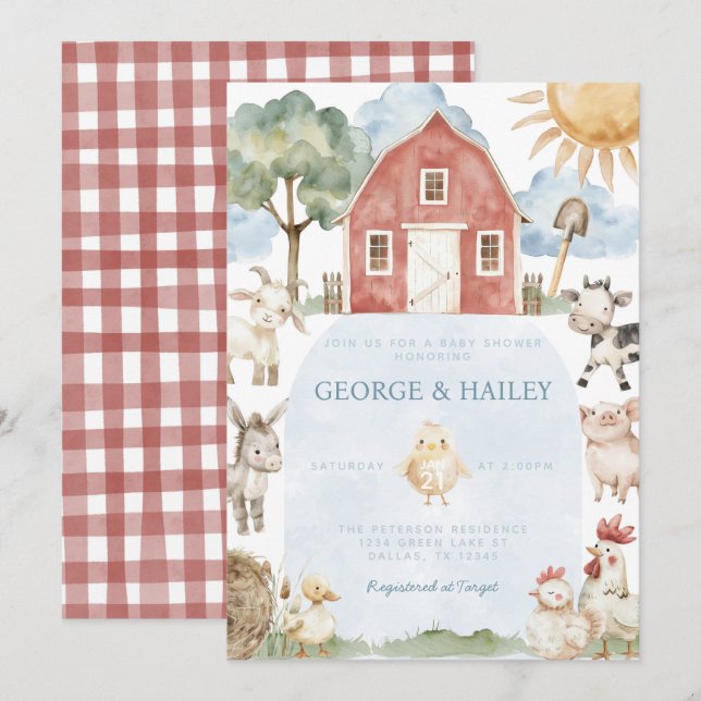 Einladung der Red Barn Farm Animal Baby Shower (Vorne/Hinten)