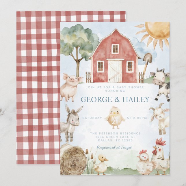 Einladung der Red Barn Farm Animal Baby Shower (Vorne/Hinten)